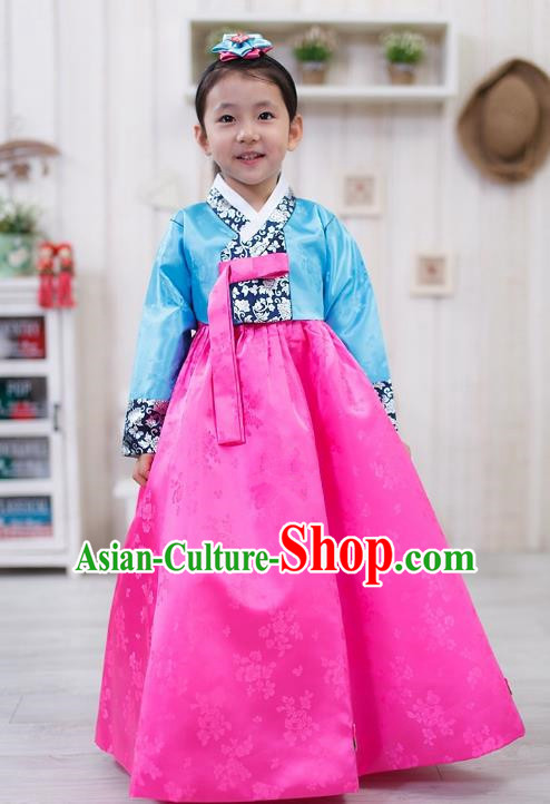 Traditional Korean Handmade Formal Occasions Embroidered Girls Costume, Asian Korean Apparel Bride Hanbok Pink Dress Clothing for Kids