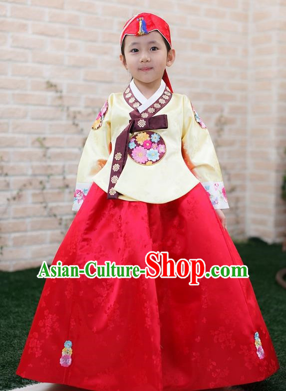 Traditional Korean Handmade Formal Occasions Embroidered Girls Wedding Costume, Asian Korean Apparel Palace Hanbok Red Dress Clothing for Kids