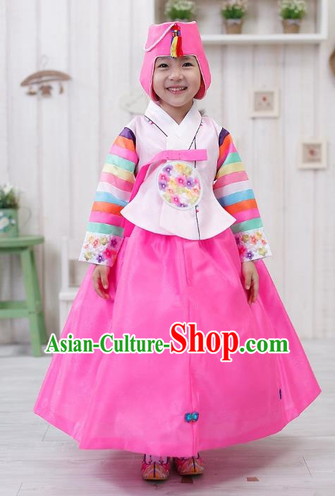 Traditional Korean Handmade Formal Occasions Embroidered Girls Costume, Asian Korean Apparel Bride Hanbok Pink Dress Clothing for Kids