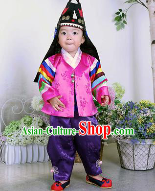 Traditional Korean Handmade Formal Occasions Embroidered Palace Prince Hanbok Rosy Clothing for Kids