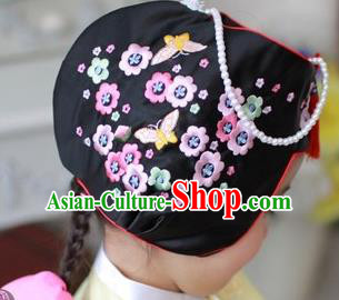 Traditional Korean Hair Accessories Embroidered Flowers Black Hats, Asian Korean Fashion Children Wedding Headwear for Girls