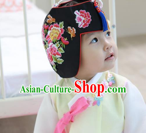 Traditional Korean Hair Accessories Embroidered Flowers Black Hats, Asian Korean Fashion Children Wedding Headwear for Girls