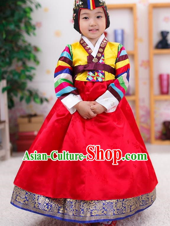 Traditional Korean Handmade Formal Occasions Embroidered Girls Wedding Red Costume, Asian Korean Apparel Palace Hanbok Dress Clothing for Kids
