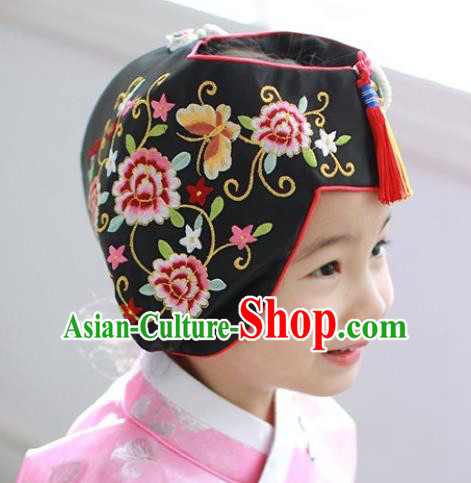 Traditional Korean Hair Accessories Bride Black Embroidered Hats, Asian Korean Fashion Wedding Tassel Headwear for Kids