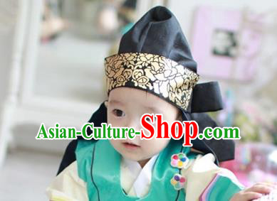 Traditional Korean Hair Accessories Palace Prince Black Hats, Asian Korean Fashion Children Wedding Headwear for Boys