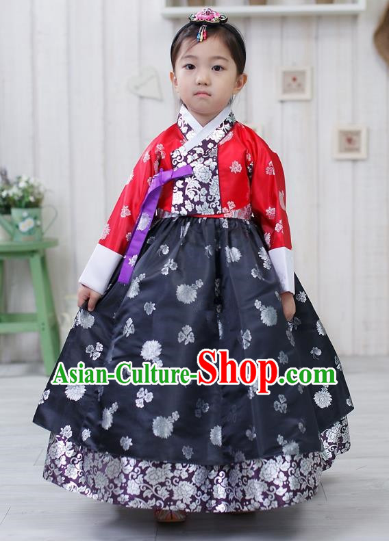 Traditional Korean Handmade Formal Occasions Embroidered Palace Princess Hanbok Navy Dress Clothing for Girls