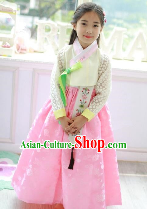 Traditional Korean Handmade Formal Occasions Embroidered Pink Costume, Asian Korean Apparel Hanbok Dress Clothing for Girls