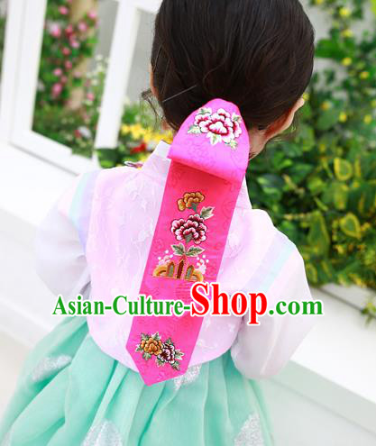 Traditional Korean Hair Accessories Palace Princess Embroidery Pink Hair Ribbons, Asian Korean National Fashion Children Headband for Girls