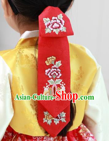 Traditional Korean Hair Accessories Palace Princess Embroidery Red Hair Ribbons, Asian Korean National Fashion Children Headband for Girls