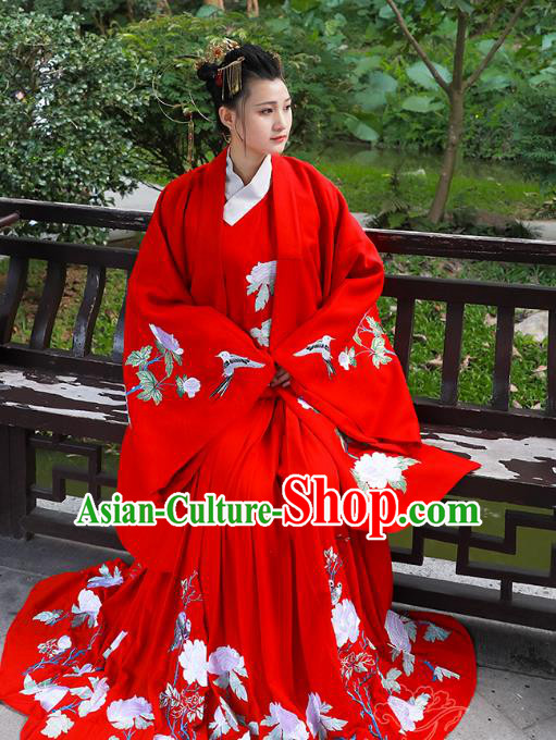 Asian China Han Dynasty Palace Lady Wedding Costume Red Embroidered Cloak, Traditional Chinese Ancient Hanfu Cape Clothing for Women