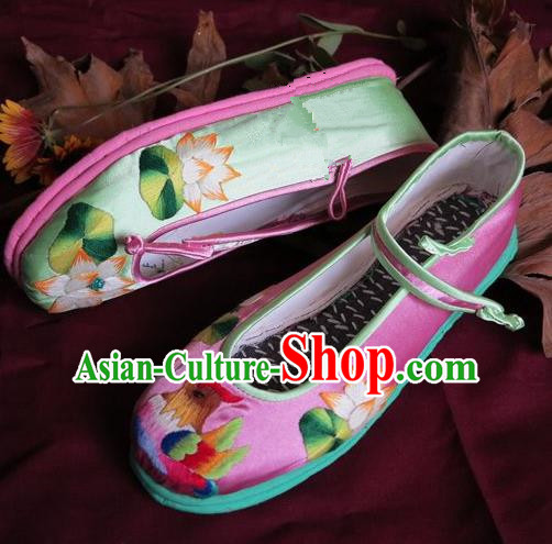 Traditional Chinese Ancient Princess Shoes Pink Embroidered Boots, China Handmade Embroidery Lotus Hanfu Shoes for Women