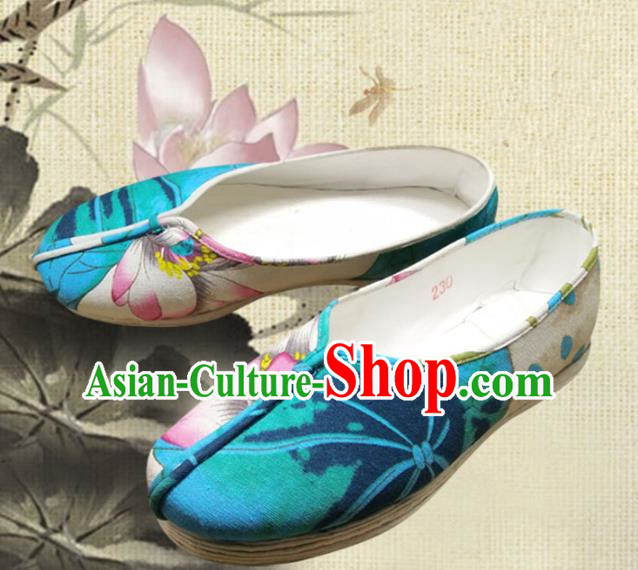 Traditional Chinese Ancient Princess Wedding Linen Shoes, China Handmade Printing Lotus Hanfu Shoes for Women