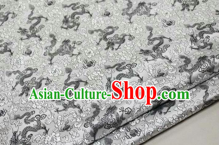 Chinese Traditional Royal Palace Black Dragons Pattern Tang Suit White Brocade Fabric, Chinese Ancient Costume Satin Hanfu Mongolian Robe Material