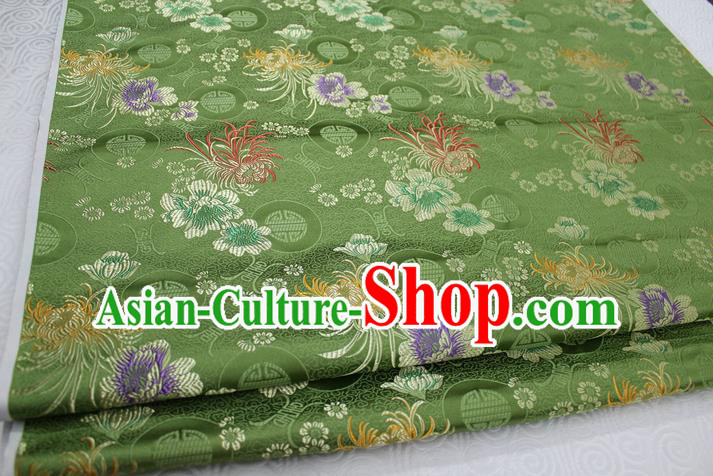 Chinese Traditional Royal Palace Longevity Chrysanthemum Pattern Tang Suit Cheongsam Green Brocade Fabric, Chinese Ancient Costume Hanfu Material