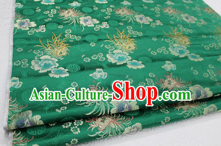 Chinese Traditional Royal Palace Longevity Chrysanthemum Pattern Tang Suit Cheongsam Deep Green Brocade Fabric, Chinese Ancient Costume Hanfu Material