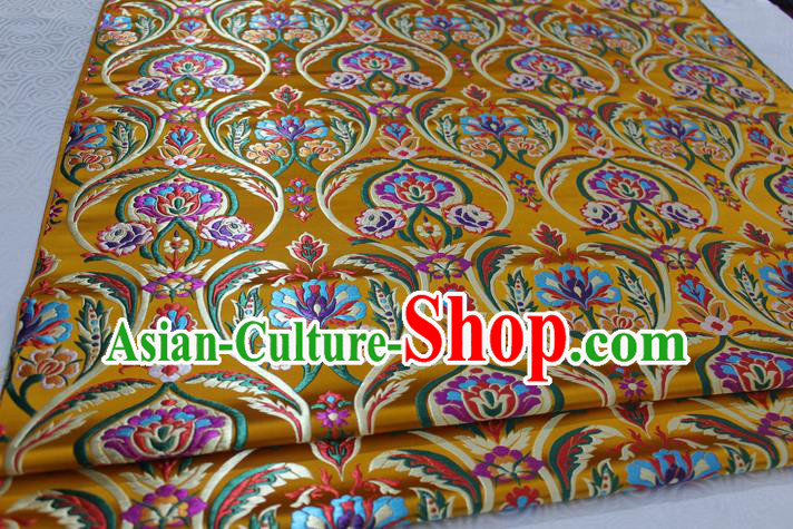 Chinese Traditional Royal Palace Flowers Pattern Golden Nanjing Brocade Mongolian Robe Fabric, Chinese Ancient Costume Satin Hanfu Tang Suit Material