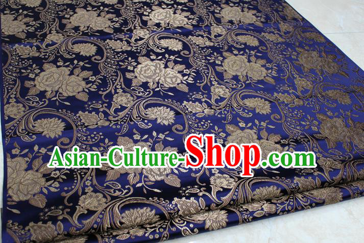 Chinese Traditional Royal Palace Rose Pattern Royalblue Brocade Mongolian Robe Fabric, Chinese Ancient Costume Satin Hanfu Tang Suit Material