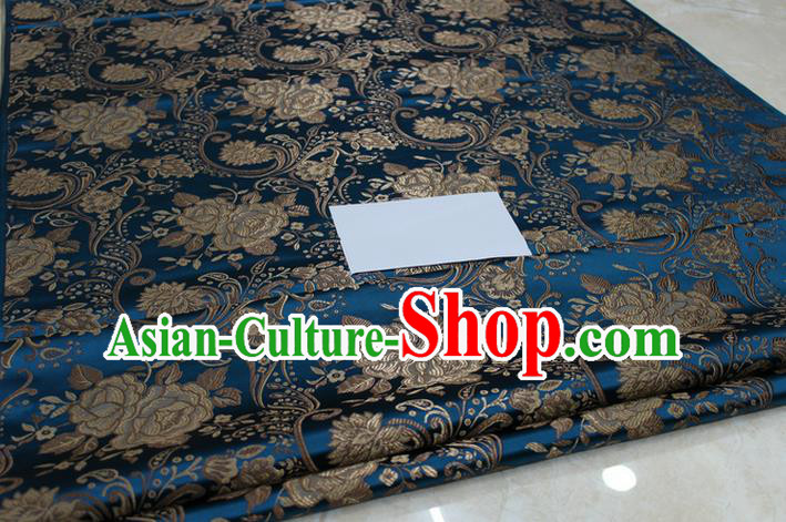 Chinese Traditional Royal Palace Rose Pattern Peacock Blue Brocade Mongolian Robe Fabric, Chinese Ancient Costume Satin Hanfu Tang Suit Material