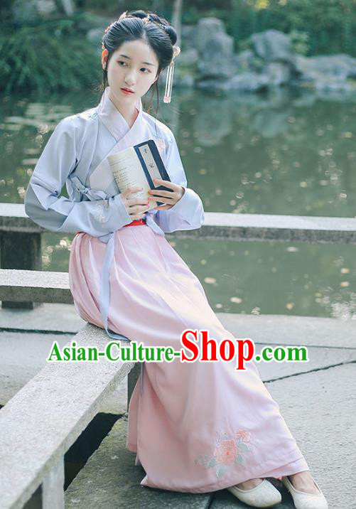 Traditional Chinese Ancient Nobility Lady Costume Ming Dynasty Hanfu Embroidered Begonia Blouse and Skirt Complete Set for Women