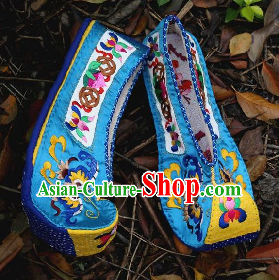 Traditional Chinese Ancient Princess Blue Cloth Shoes Embroidered Shoes, China Handmade Embroidery Peony Hanfu Shoes for Women