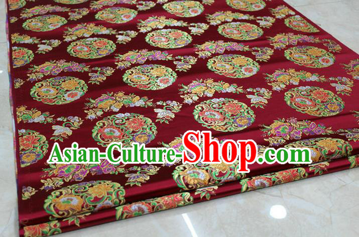 Chinese Traditional Ancient Costume Palace Round Peony Pattern Mongolian Robe Wine Red Nanjing Brocade Tang Suit Fabric Hanfu Material