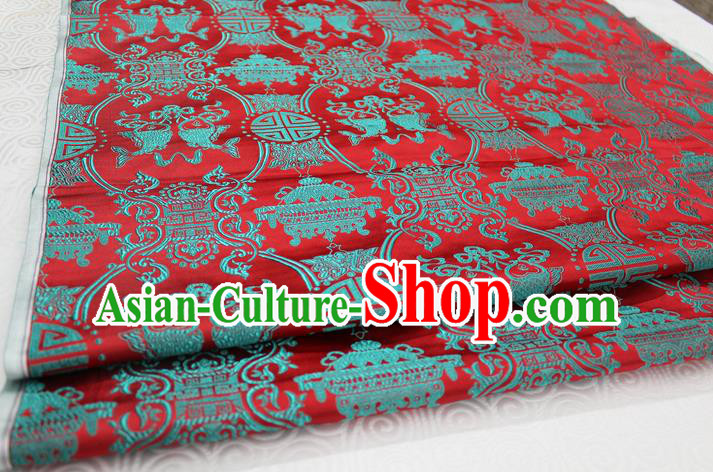 Chinese Traditional Ancient Costume Palace Double Fish Pattern Red Nanjing Brocade Cheongsam Satin Mongolian Robe Fabric Hanfu Material