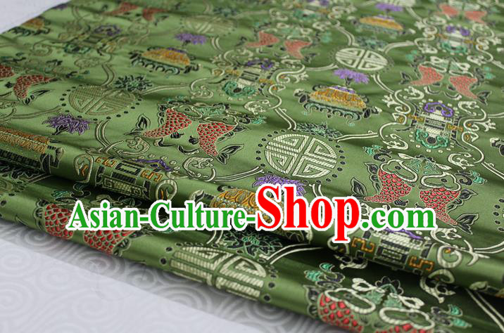 Chinese Traditional Ancient Costume Palace Double Fish Pattern Olive Green Nanjing Brocade Cheongsam Satin Mongolian Robe Fabric Hanfu Material