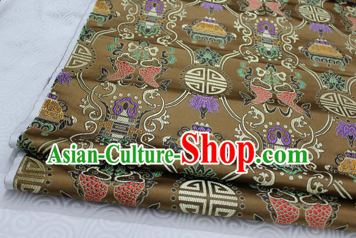 Chinese Traditional Ancient Costume Palace Double Fish Pattern Brown Nanjing Brocade Cheongsam Satin Mongolian Robe Fabric Hanfu Material