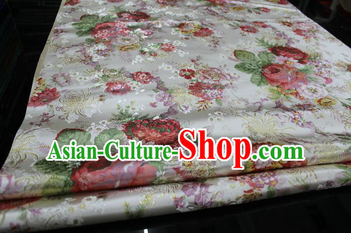 Chinese Traditional Ancient Costume Palace Printing Peony White Nanjing Brocade Cheongsam Satin Mongolian Robe Fabric Hanfu Material