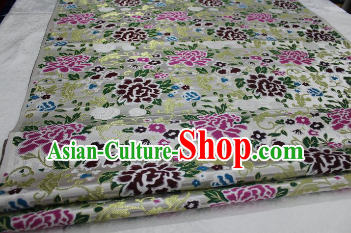 Chinese Traditional Ancient Costume Palace Peony Pattern Xiuhe Suit White Brocade Cheongsam Satin Mongolian Robe Fabric Hanfu Material