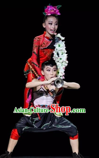 Traditional Chinese Classical Yangge Fan Dance Costume, Folk Dance Drum Dance Uniform Yangko Clothing for Kids