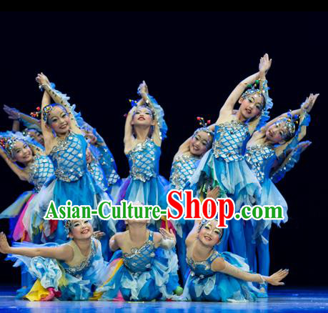 Traditional Chinese Modern Fish Dance Costume, Folk Dance Drum Dance Blue Uniform Yangko Clothing for Kids