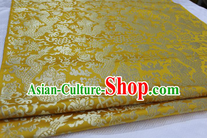 Chinese Traditional Ancient Costume Palace Dragons Pattern Tang Suit Cheongsam Yellow Brocade Mongolian Robe Satin Fabric Hanfu Material