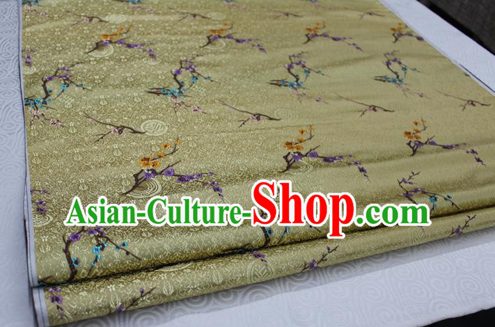 Chinese Traditional Ancient Costume Palace Wintersweet Pattern Golden Cheongsam Brocade Xiuhe Suit Satin Fabric Hanfu Material