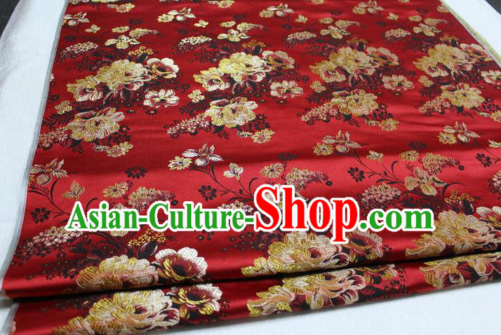 Chinese Traditional Ancient Costume Palace Flowers Pattern Red Brocade Tang Suit Satin Cheongsam Fabric Hanfu Material