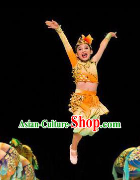 Traditional Chinese Yangge Fan Dance Costume, Folk Dance Drum Dance Yellow Uniform Yangko Clothing for Kids