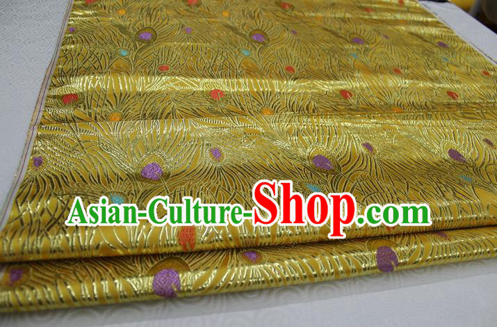 Chinese Traditional Ancient Costume Royal Palace Feather Pattern Mongolian Robe Tang Suit Yellow Brocade Cheongsam Satin Fabric Hanfu Material