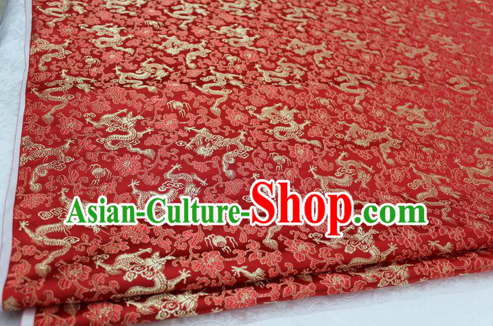 Chinese Traditional Wedding Cheongsam Red Brocade Ancient Costume Palace Dragons Pattern Satin Fabric Hanfu Material