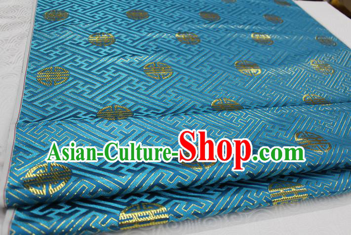Chinese Traditional Mongolian Robe Clothing Palace Longevity Pattern Tang Suit Blue Brocade Ancient Costume Satin Fabric Hanfu Material