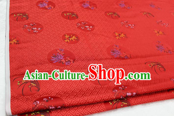 Chinese Traditional Wedding Clothing Tang Suit Red Brocade Ancient Costume Palace Plum Blossom Orchid Bamboo Chrysanthemum Pattern Satin Fabric Hanfu Material