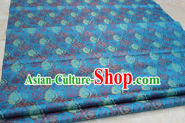 Chinese Traditional Wedding Cheongsam Blue Brocade Ancient Costume Palace Flowers Pattern Satin Fabric Hanfu Material