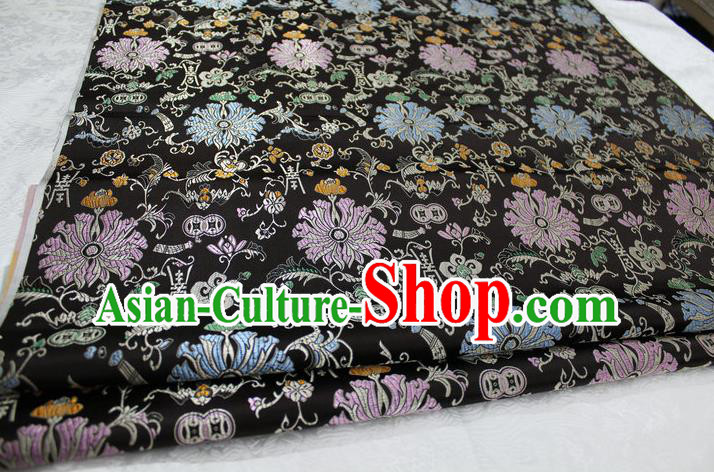 Chinese Traditional Clothing Palace Pattern Cheongsam Black Brocade Ancient Costume Mongolian Robe Satin Fabric Hanfu Material
