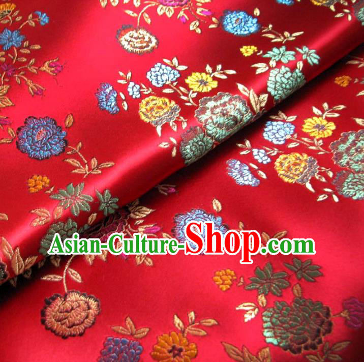 Chinese Traditional Royal Court Flowers Pattern Red Brocade Ancient Costume Tang Suit Cheongsam Bourette Fabric Hanfu Material