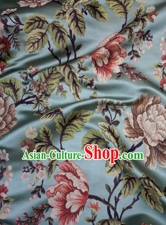Chinese Traditional Royal Court Peony Pattern Blue Brocade Ancient Costume Tang Suit Cheongsam Bourette Fabric Hanfu Material