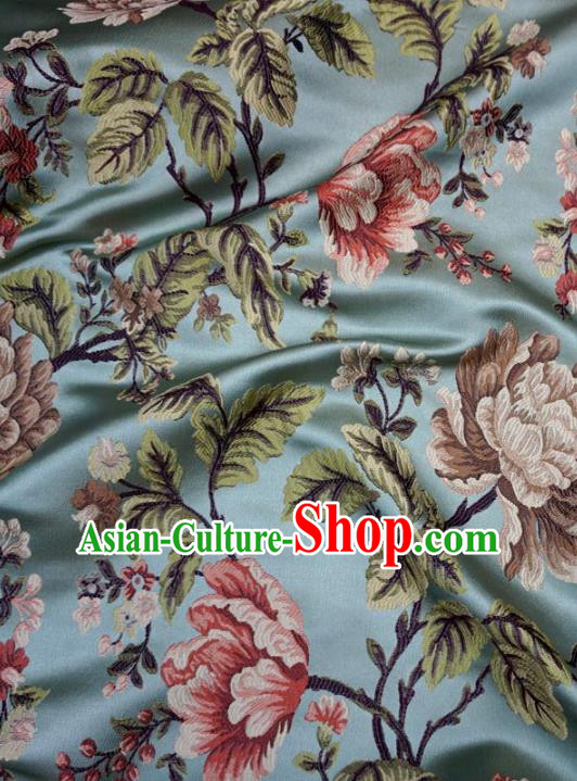 Chinese Traditional Royal Court Peony Pattern Blue Brocade Ancient Costume Tang Suit Cheongsam Bourette Fabric Hanfu Material