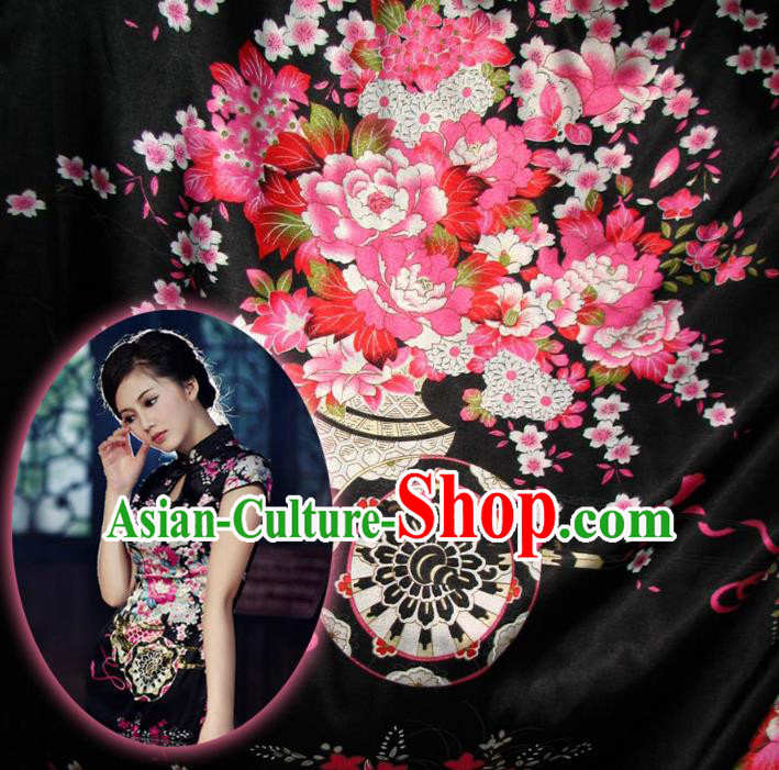 Chinese Traditional Clothing Royal Court Flowers Pattern Tang Suit Black Brocade Ancient Costume Cheongsam Satin Fabric Hanfu Material