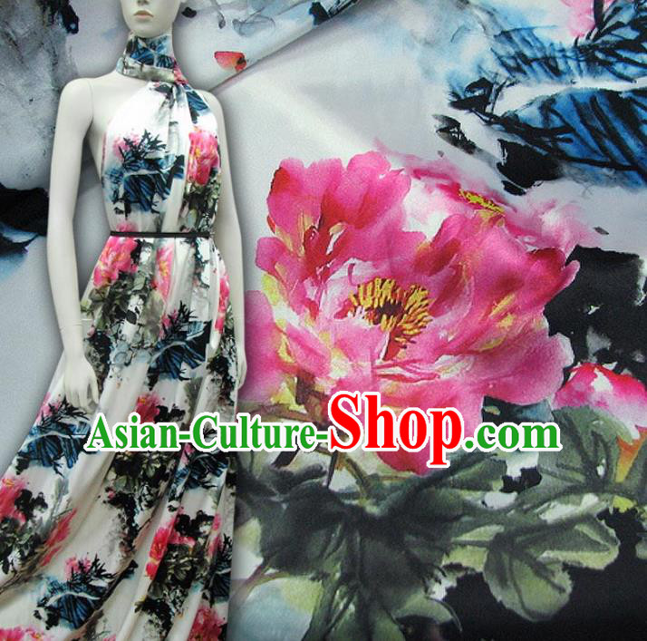 Chinese Traditional Royal Palace Ink Painting Peony Design Brocade Fabric Ancient Costume Tang Suit Cheongsam Hanfu Material