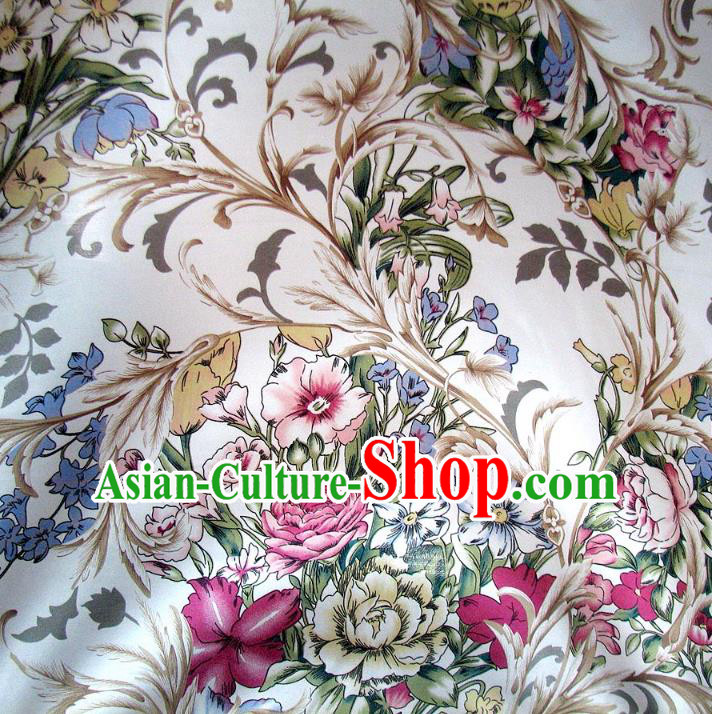 Chinese Traditional Royal Palace Printing Flowers White Brocade Mongolian Robe Fabric Ancient Costume Tang Suit Cheongsam Hanfu Material