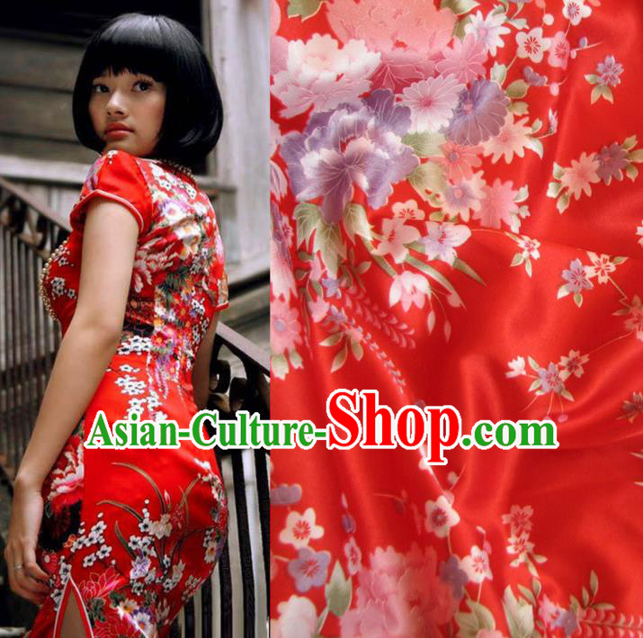 Chinese Traditional Royal Palace Printing Flowers Design Hanfu Red Brocade Fabric Ancient Costume Tang Suit Cheongsam Material