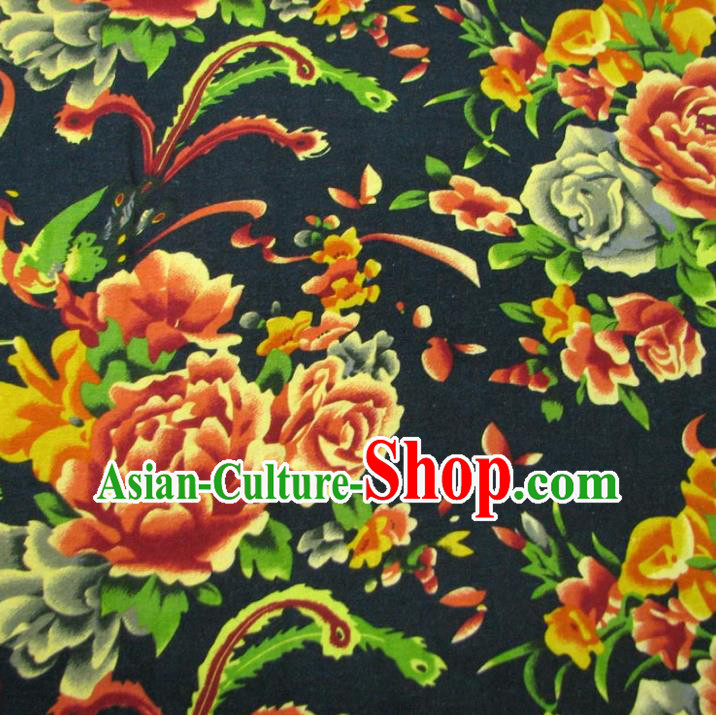 Chinese Traditional Palace Phoenix Peony Pattern Hanfu Black Cotton Fabric Ancient Costume Tang Suit Cheongsam Material